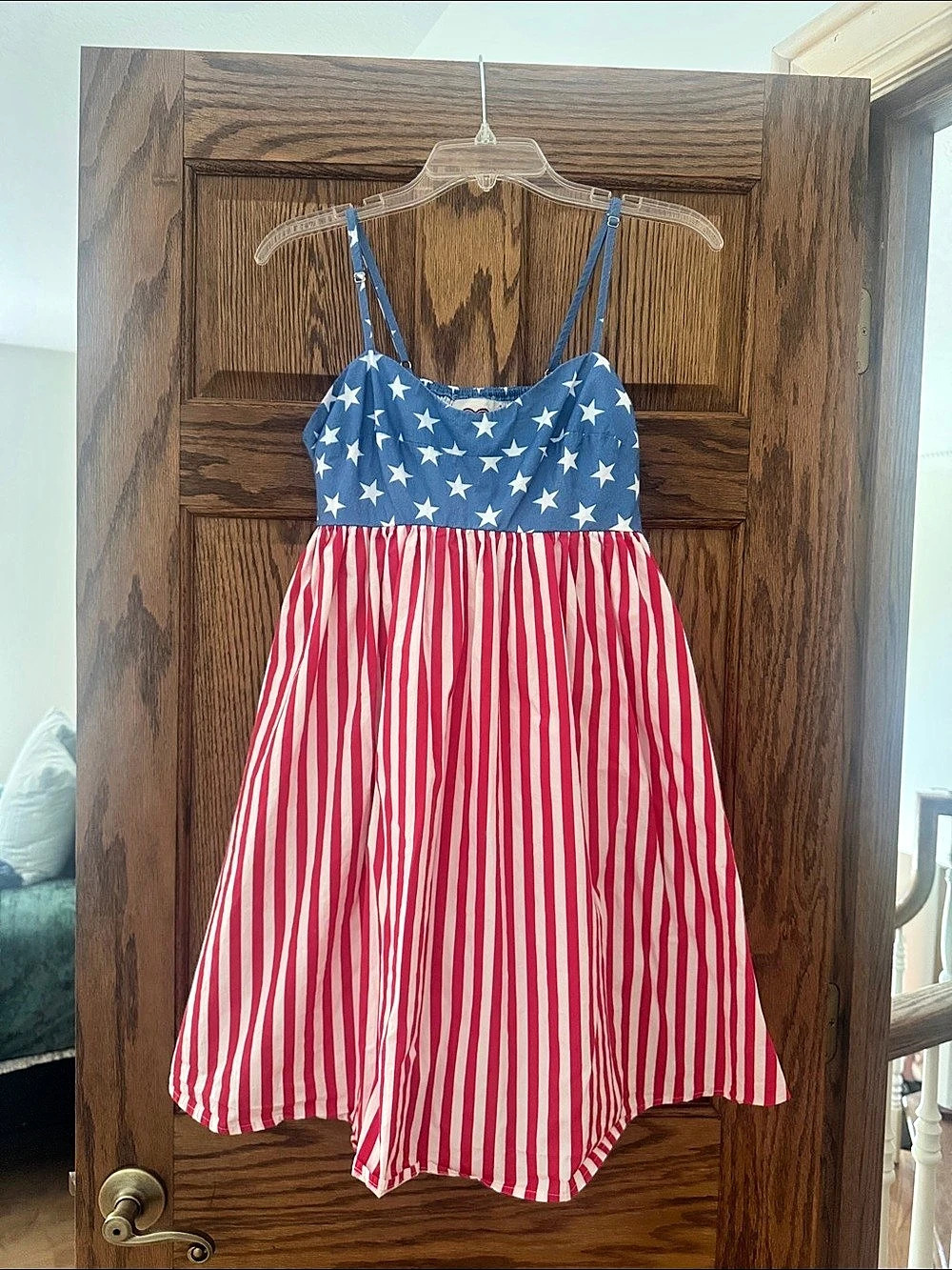 Star Print Striped Maxi Dress in Blue & Red Like New